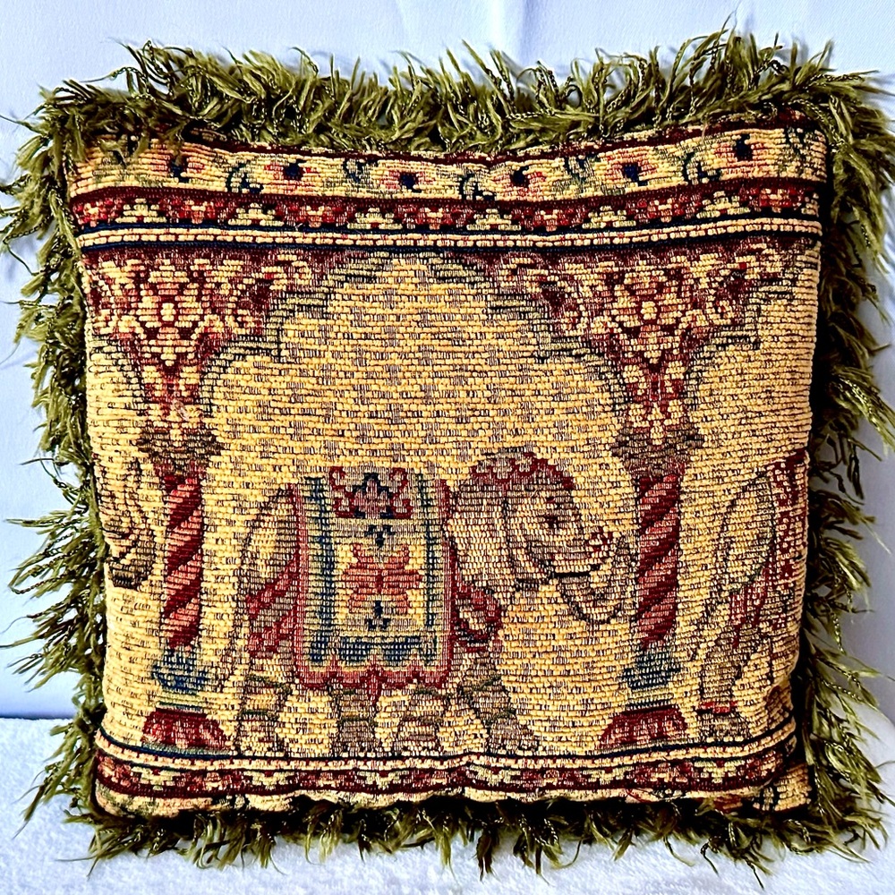 Vintage Decorative Elephant Tapestry Pillow Green Burgundy Square 11.5” Fringe - Picture 10 of 12